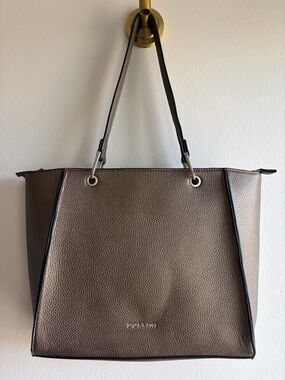 Pollini Metallic Taupe Pebbled Leather Tote